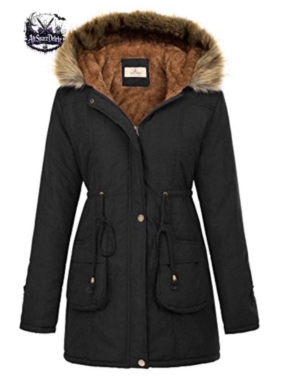 Fleece Lined Hooded Parka Anorak Winter Coat Faux Fur Trim Drawstring Waist
